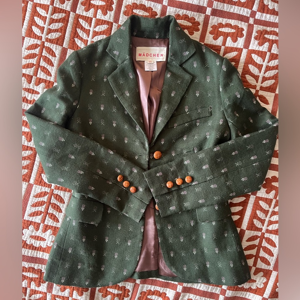 Anthropologie Mädchen Forest Green Patterned Wool Blazer with Wood Buttons